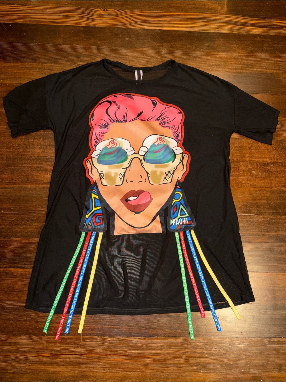 Black Pop Art Woman Ice Cream Sunglasses 3D Mesh Graphic Tee Size L
